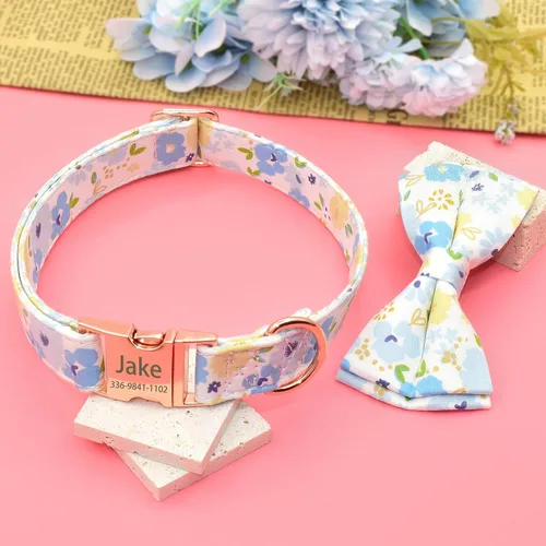 Miniatura 5 de Collar de perro con bonito lazo personalizado con nombre, collar floral personalizado con hebilla dorada grabada para perras pequeñas, medianas