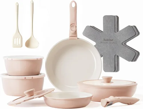 Miniatura 10 de Redchef - Juego de ollas y sartenes de cerámica, juego de utensilios de cocina antiadherentes con mango desmontable, juego de utensilios de cocina