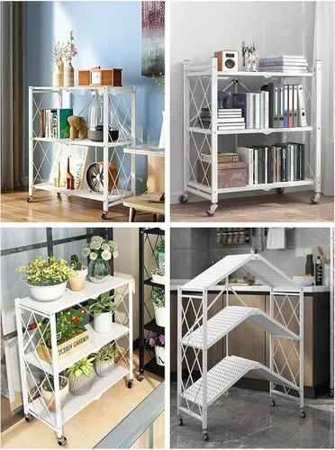 Miniatura 4 de Estantes plegables de 3 niveles con ruedas, estilo industrial, estantes de almacenamiento de metal resistentes para el hogar, cocina, dormitorio