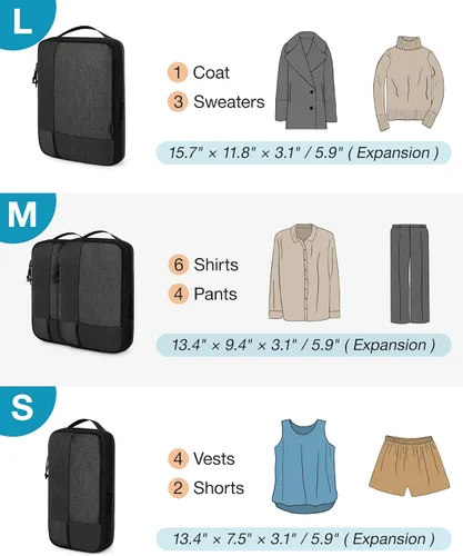 Miniatura 16 de BAGSMART Juego de 6 cubos de embalaje de compresión para maletas, cubos de viaje de compresión y organizador de maletas para empacar con bolsa