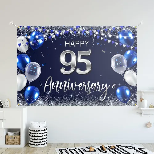 Miniatura 3 de Cartel de fondo de feliz 95 aniversario, decoración plateada con purpurina de 95 años, decoración temática de fiesta de aniversario de boda