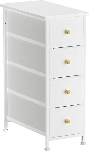 Miniatura 8 de Cómoda estrecha para dormitorio, torre de almacenamiento delgada, cómoda de 4 cajones de tela con estante de madera, organizadores de baño