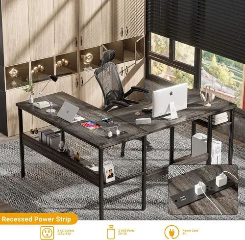 Miniatura 4 de Unikito Escritorio reversible en forma de L con tomas de corriente mágicas y puertos de carga USB, escritorio de esquina para computadora resistente