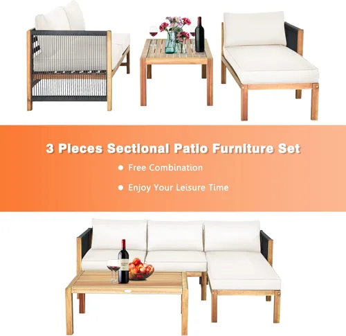 Miniatura 8 de Tangkula Juego de muebles de exterior en forma de L, juego de conversación de patio de madera de acacia de 3 piezas, con 2 sofás biplaza y mesa