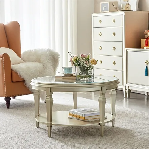 Miniatura 6 de Mesa de té para sala de estar, mesa de centro redonda de madera moderna con tallado calado y parte superior de cristal, 31.4/39.3 pulgadas, elegante