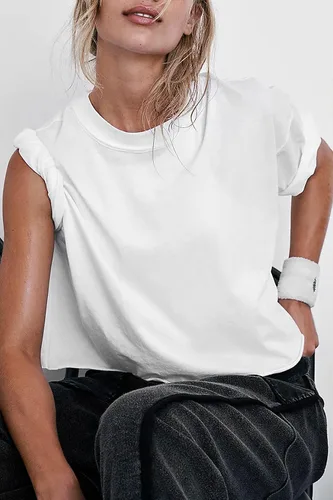 Miniatura 2 de Camisetas cortas extragrandes de entrenamiento de para mujer, estilo informal, de manga corta, hombros caídos, con dobladillo enrollado, básicas