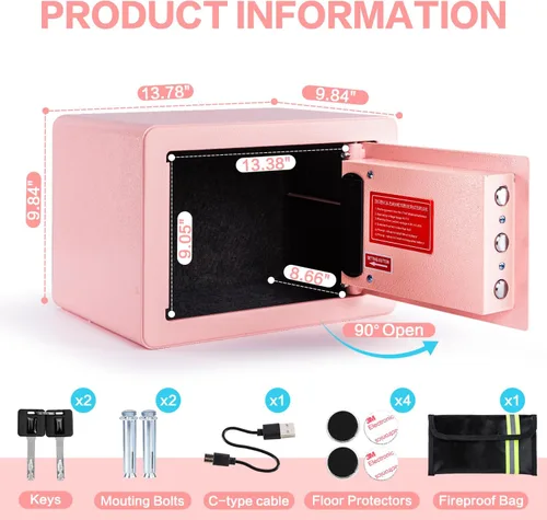 Miniatura 9 de Caja de seguridad biométrica de 0.6 pies cúbicos, caja de seguridad con huella dactilar con bolsa ignífuga, estante removible, sistema de alarma