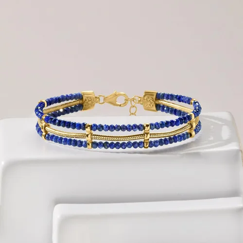 Miniatura 3 de Ross-Simons Pulsera de cuentas de lapislázuli y cadena de serpiente en oro de 18 quilates sobre esterlina. 7 pulgadas, Gema, Lapislázuli