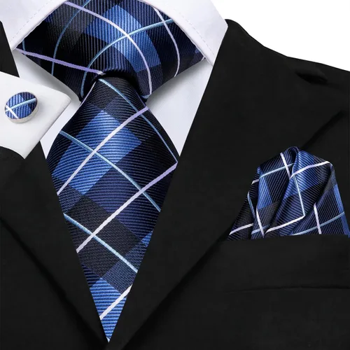 Miniatura 168 de Hi-Tie Corbata clásica de cachemira para hombre con pañuelo y gemelos a cuadros