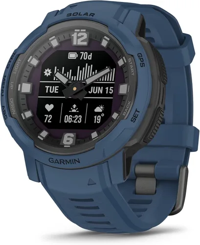 Garmin Instinct Crossover Solar, reloj inteligente híbrido resistente con capacidad de carga solar, manecillas analógicas y pantalla digital, azul