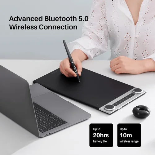 Miniatura 5 de HUION Inspiroy Dial 2 Tableta de dibujo inalámbrica Bluetooth de 10.5 x 6.56 pulgadas con doble dial, lápiz capacitivo sin batería para arte digital