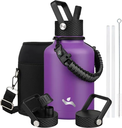 Miniatura 92 de Konokyo - Botella de agua aislada de 18 onzas, botellas deportivas de acero inoxidable con 3 tapas, verde militar