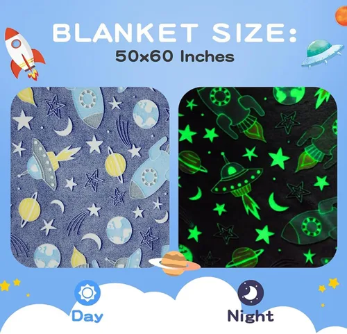 Miniatura 7 de Manta de cohete que brilla en la oscuridad, manta espacial de nave espacial luminosa, luna y estrellas, regalos para niños pequeños y niñas