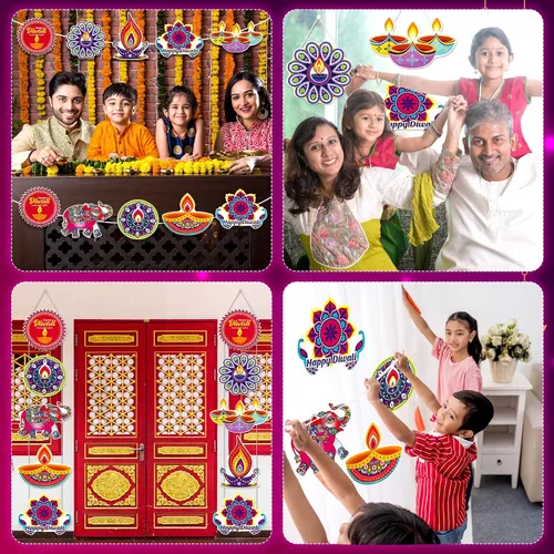 Miniatura 4 de Hotop 2 carteles colgantes con temática de Deepavali de 78 x 11.4 pulgadas, decoraciones Diwali para el hogar, festival de luces, fiesta, puerta
