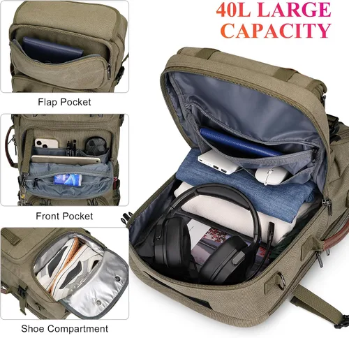 Miniatura 3 de WITZMAN Mochila de Viaje para Hombres 40L Grande Equipaje de Mano Aprobado por Aerolíneas Convertible 3 en 1 Bolsas para Laptop Caben 17 pulgadas