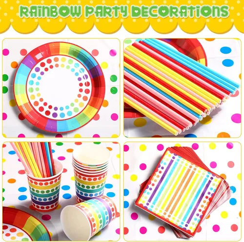 Miniatura 4 de Sepamoon 258 piezas de suministros para fiesta de cumpleaños estilo arco iris, decoraciones de cumpleaños, juego de vajilla incluye platos de fiesta