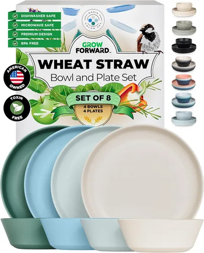 Miniatura 13 de Grow Forward Juego de platos y cuencos de paja de trigo de alta calidad, 8 piezas, platos de paja de trigo irrompibles y reutilizables, aptos