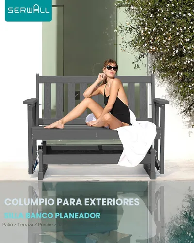 Miniatura 8 de SERWALL Silla Mecedora Deslizante para Exteriores, HDPE Resistente a Todo Clima, Sofá Biplaza para 2 Personas, Banco Mecedor para Exteriores con Gris