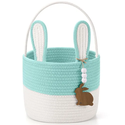 Miniatura 10 de SiliFine Cesta de Pascua para niños, cesta de conejo de Pascua con etiqueta de nombre, oreja de conejo desmontable, regalo tejido rústico para niñas