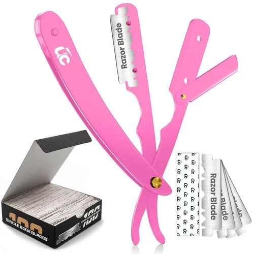 Utopia Care Maquinilla de afeitar recta profesional para hombres, peluquero de borde recto de seguridad con 100 cuchillas, color rosa