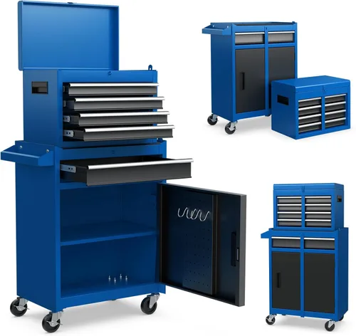 ERGOMASTER Caja de herramientas con ruedas resistente con gabinete de 5 cajones para armario con cerradura y extraíble para garaje y taller - azul
