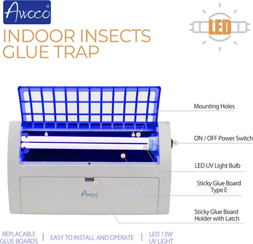 Miniatura 3 de Awoco LED 13W 100V-240V Lámpara de trampa para moscas pegajosa de montaje en pared para capturar moscas, mosquitos, polillas e insectos voladores