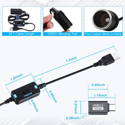 Miniatura 5 de FARSENSE Adaptador USB A a enchufe de cigarrillos de 12V - Cable convertidor de enchufe de encendedor de cigarrillos de coche de 5V DC USB C a 12V