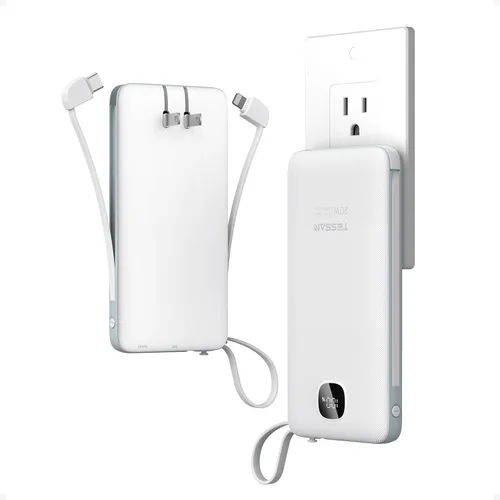 Cargador portátil con cables integrados, cargador de batería TESSAN de 10000 mAh de carga rápida con cargador de pared plegable, paquete de batería