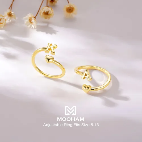Miniatura 6 de M MOOHAM Anillos de oro para mujeres y niñas – Anillos iniciales con placa de oro de 14 quilates para mujer, no se deslustra, letra A-Z, delicado