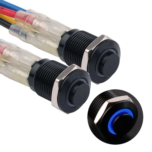 Miniatura 15 de 2 interruptores de botón de metal con pestillo de 0.472 pulgadas, cabeza elevada de 12 V-24 V, 4 pines de encendido y apagado, 1 no, carcasa negra