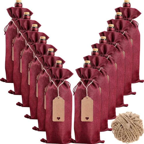 Bolsas de vino de arpillera – 12 fundas reutilizables para botellas con cordones, etiquetas y cuerda para regalar en Navidad, boda, cumpleaños,