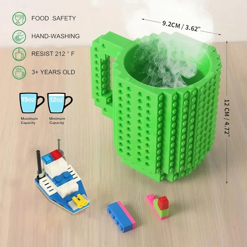 Miniatura 2 de Lumsburry Taza de café de ladrillo integrada, divertida taza de bricolaje con bloques de construcción creativa para niños, hombres y mujeres, Verde