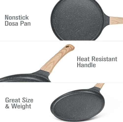 Miniatura 3 de SouxMux Sartén antiadherente para crepas de 8 pulgadas con esparcidor, sartén Dosa Tawa recubierta de cerámica, sartén plana compatible con Negro