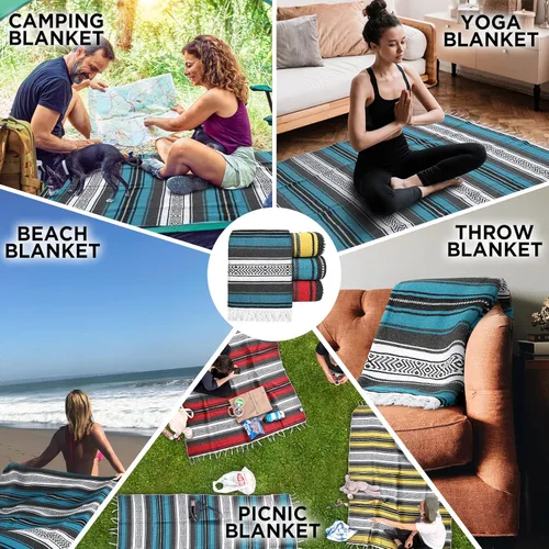 Miniatura 4 de Manta de yoga mexicana, manta para exteriores, perfecta como manta de picnic, manta de playa, manta de camping, manta de coche, azul