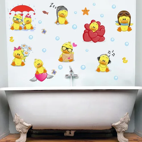 Miniatura 4 de Calcomanías de pared de lindo pato amarillo para despegar y pegar, juego de calcomanías de pared de pequeño pato amarillo y burbujas, calcomanías
