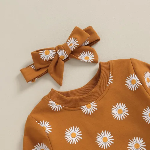 Miniatura 2 de CIYCUIT Conjunto de 3 piezas de sudadera de margaritas + pantalones + diadema, ropa infantil de otoño e invierno