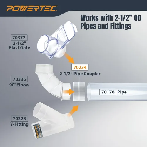 Miniatura 3 de POWERTEC 70234 2-1/2" Acoplamiento de Tubería, Transparente Acoplador de tubo transparente de 2-1/2
