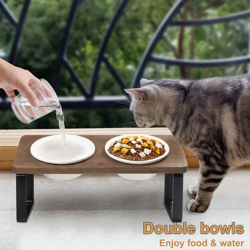 Miniatura 3 de Sunhoo Cuencos elevados de cerámica para gatos, platos elevados para cachorros para alimentos y agua, soporte de madera inclinado para gatos