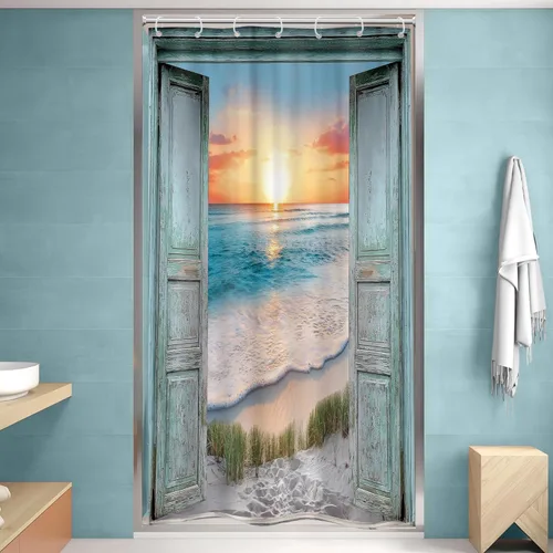 Miniatura 3 de Riyidecor Cortina de ducha para puerta de granero verde azulado para decoración de baño, 36 pulgadas de ancho x 72 pulgadas de alto, paisaje