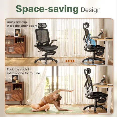 Miniatura 4 de GABRYLLY Silla de oficina con reposapiés, silla de escritorio ergonómica – 135° reclinable ancho, brazos abatibles de 45°, reposacabezas 3D