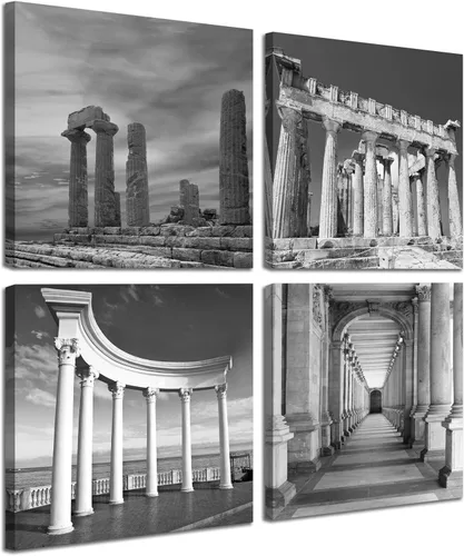 Miniatura 11 de NAN Wind Moderno lienzo de 4 paneles de arquitecturas en blanco y negro de giclée, pinturas de paisajes en lienzo de edificios de Roma, pinturas