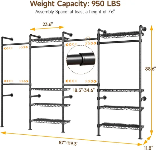 Miniatura 3 de ONBRILL H4 Sistema de Clóset Montado en Pared, Perchero de Tubería Industrial Expandible para Colgar Ropa, Organizadores de Clóset y Almacenamiento