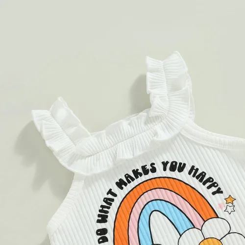 Miniatura 4 de BULINGNA Conjunto de dos piezas de verano para bebé niña sin mangas con estampado de arco iris + pantalones cortos florales de PPpantalones