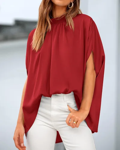 Miniatura 22 de BTFBM Blusas de verano para mujer, cuello alto falso, manga murciélago, holgadas, dobladillo alto y bajo, blusas informales de gran