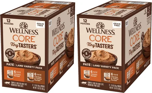 Miniatura 13 de Wellness CORE Tiny Tasters - Alimento húmedo en paté para gatos adultos, natural, rico en proteínas, sin granos, bolsa de 1.75 onzas, paquete de 12