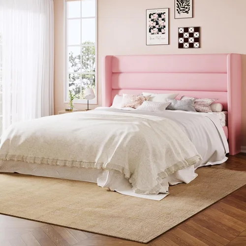 Miniatura 10 de Allewie - Base de cama tamaño Queen con cabecera acolchada tapizada en terciopelo con respaldo abatido, sin necesidad de somier, espacio de Blanco