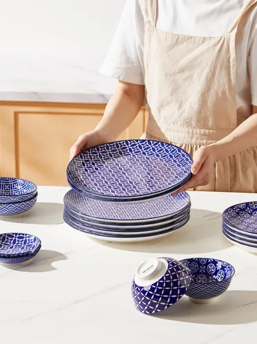 Miniatura 6 de Metahom Platos de cerámica de 10 pulgadas, juego de platos de porcelana azul y blanca, platos para servir pasta, panqueques, carne, ensalada, juego