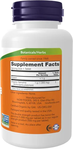 Miniatura 2 de NOW Suplementos, orgánicos certificados, espirulina de 1000 mg (doble fuerza), rico en betacaroteno (vitamina A) y B-12 con GLA natural, 120 tabletas