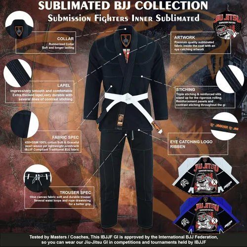 Miniatura 3 de Submission Fighters Interior Sublimado Pro Brazilian Jiu Jitsu BJJ Kimono Gi Uniforme Unisex Cinturón incluido