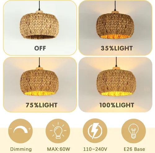 Miniatura 7 de Luces colgantes bohemias para isla de cocina, 11.8 pulgadas, luminaria de ratán bohemio tejida a mano, iluminación de tejido de hierba marina Tejido
